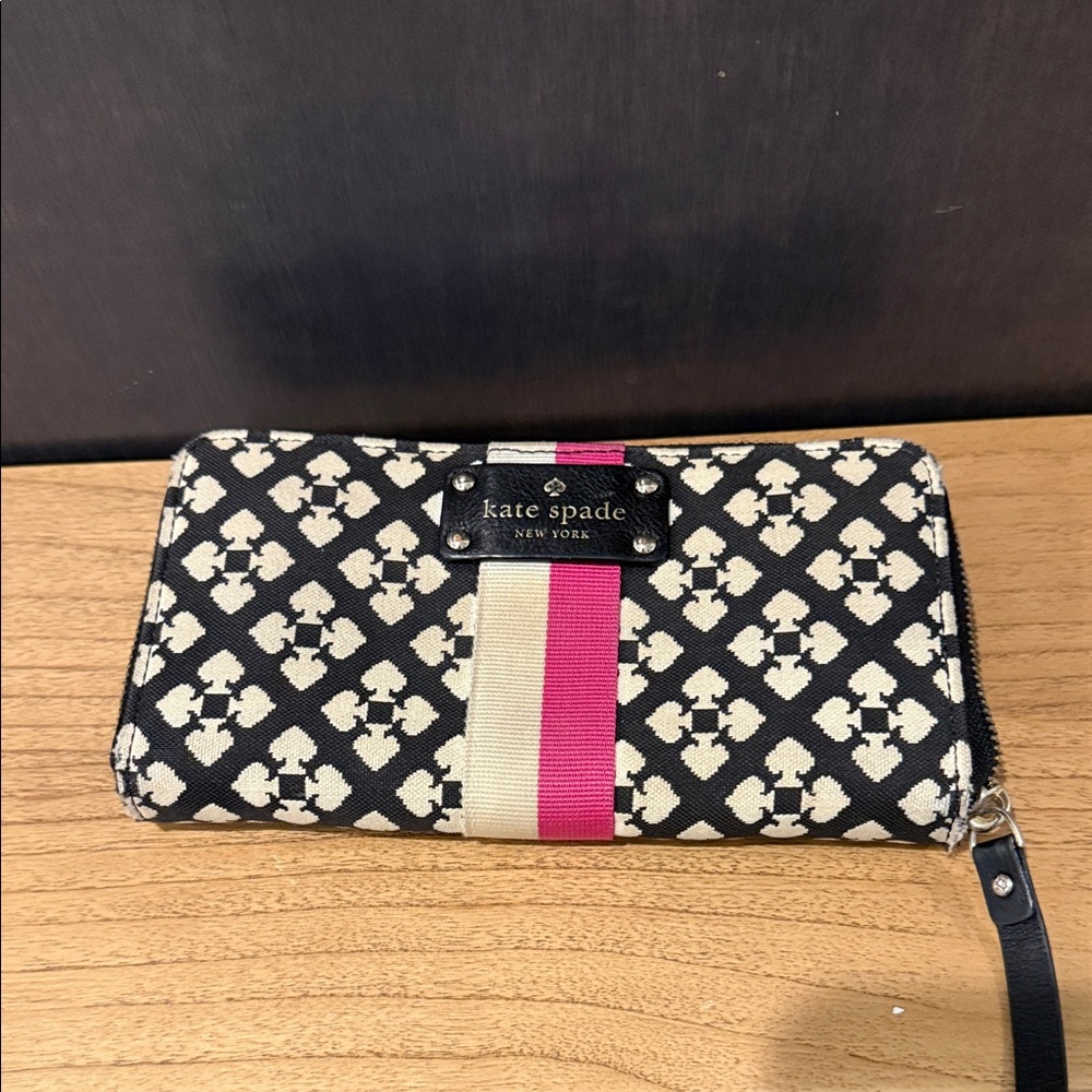 Kate Spade Black and Cream Wallet with Pink Stripe